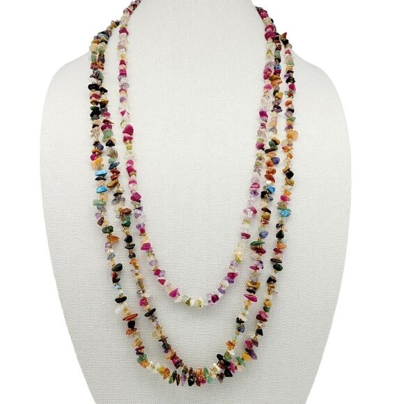 Lot Of 3 Semi Precious Gemstone Infinity Chip Necklaces Two 36" One 31" Boho - Picture 1 of 9